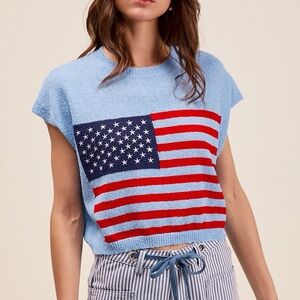 Blue and Red Flag Pattern Fourth Of July American Flag Boxy Fit Sweater Top